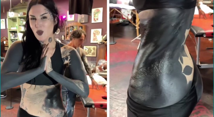 Non le piacciono più i tatuaggi che ha: famosa tatuatrice decide coprirli tatuandosi completamente di nero