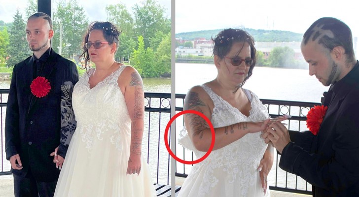 De bruid stuit op een groot probleem met haar jurk tijdens het uitwisselen van ringen