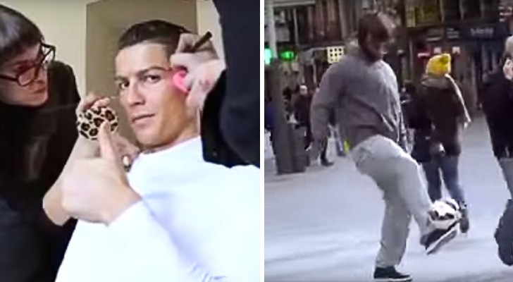Cristiano Ronaldo plays with a ball dressed as a homeless ... The reaction of the people is amazing !