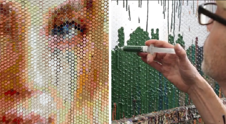 Deze kunstenaar maakt ongelooflijke schilderijen met een unieke techniek: hij injecteert verf in bubbeltjesplastic