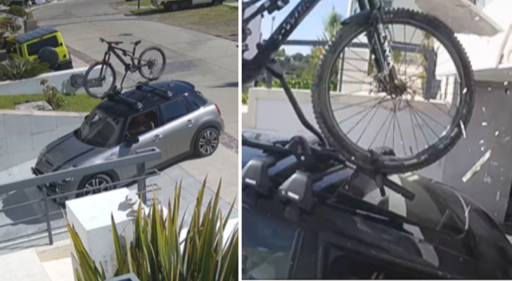 En cyklist kör in sin bil i garaget men har glömt att han har cykeln på biltaket: "Jag var distraherad"