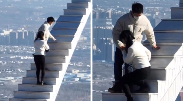 I Kina finns en trappa utan ledstänger i "tomma intet": par som lovar varandra evig kärlek klättrar upp på den