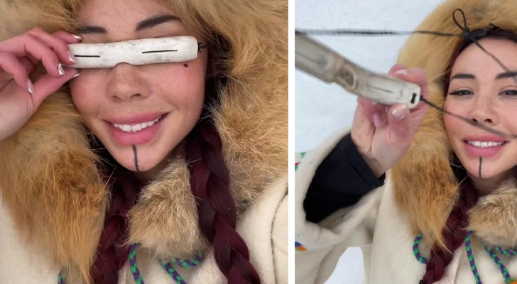 Många undrar hur det är att se genom traditionella inuitglasögon - hon visar det i en video som har blivit viral