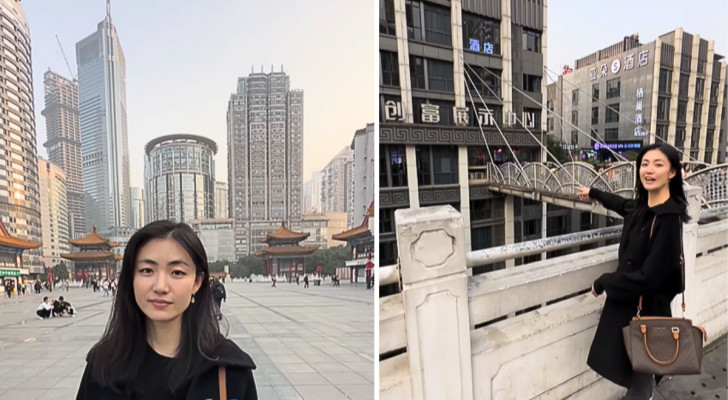 Den här tjejen verkar befinna sig på ett torg i Kina, men plötsligt visar hon den överraskande sanningen