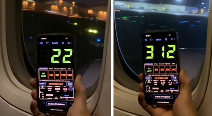 Hij activeert tijdens het vertrek een app om de werkelijke snelheid van het vliegtuig tijdens het opstijgen te zien