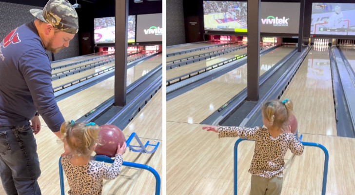 Der Vater versucht, seiner Tochter das Bowling beizubringen, aber sie scheint damit nicht einverstanden zu sein