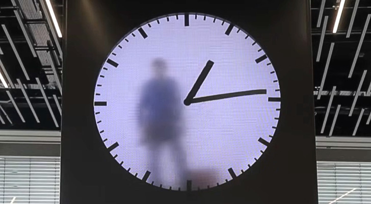 Op het vliegveld van Amsterdam hangt een klok waarin elke minuut die verstrijkt iemand de wijzers schildert