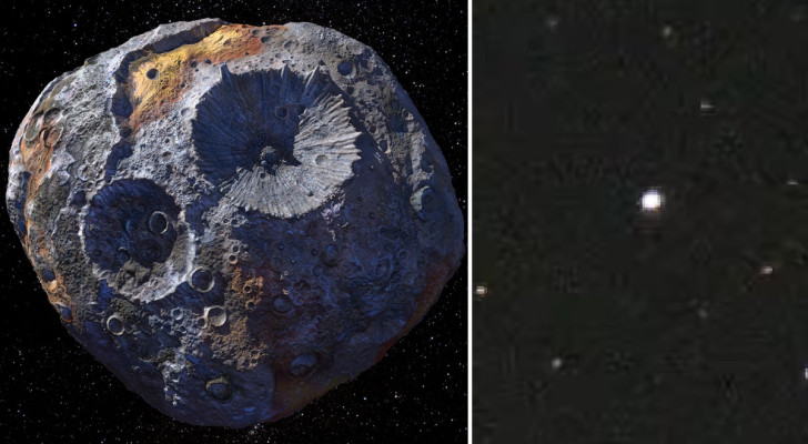 Till vänster en konstnärlig reproduktion av asteroid 16 Psyche, avbildad från höger av ett jordbundet teleskop