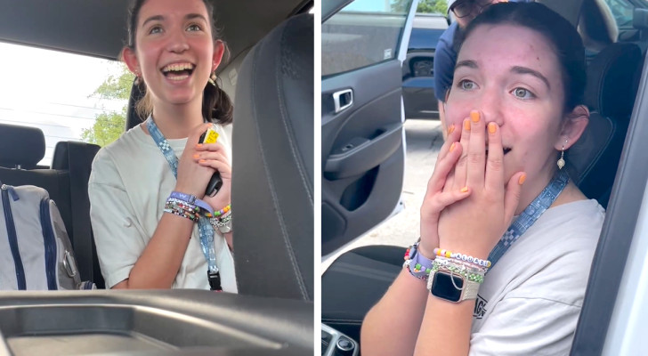 Eltern schenken ihrer Tochter ihr erstes Auto