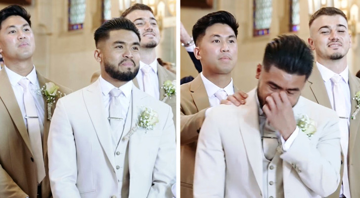 Der Bräutigam reagiert auf den Anblick seiner zukünftigen Braut