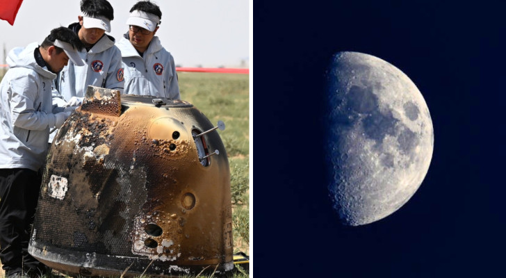 Chang'e 6 efter landningen och månen delvis synlig från Jorden