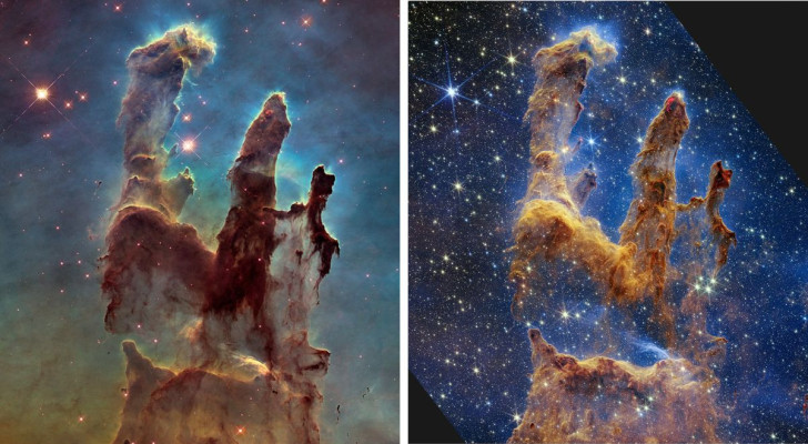 I Pilastri della Creazione nella luce visibile di Hubble e nell'infrarosso di James Webb