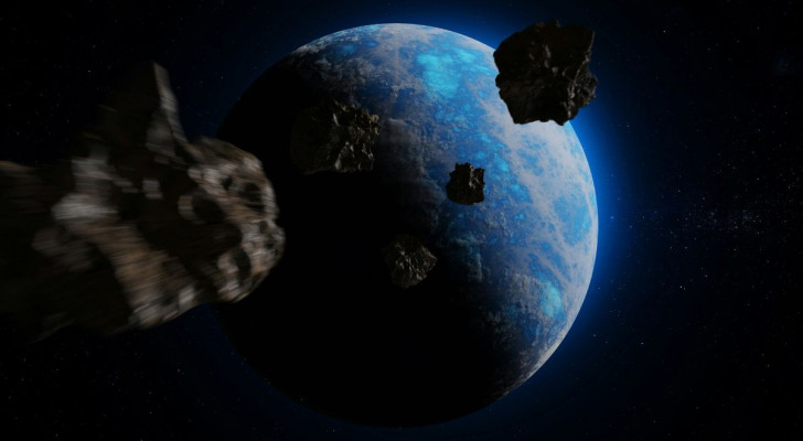 Artistieke weergave van asteroïden die de aarde naderen