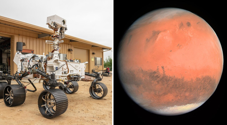 Het tweelingmodel van de Perseverance rover en een kleurenfoto van Mars
