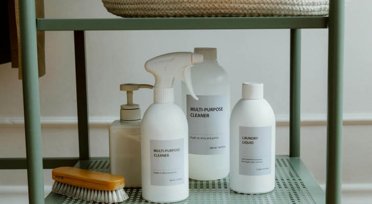 Bottles of household cleaning products on a shelf