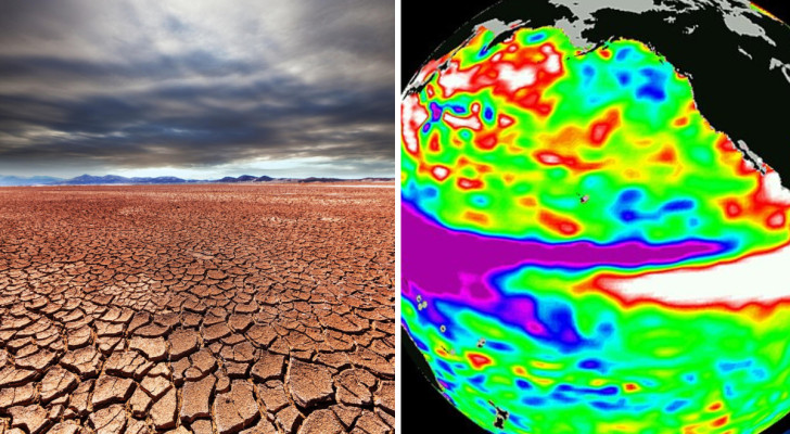 À droite, El Niño de 1997-98 observé par le satellite artificiel TOPEX/Poséidon
