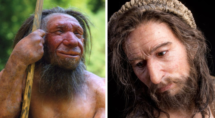 Ein Neandertaler im Vergleich mit einem modernen Menschen: die morphologischen Unterschiede sind sichtbar