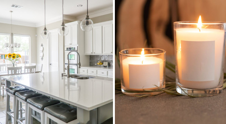 side-by-side photos showing the interior of a fully furnished kitchen and two lit candles