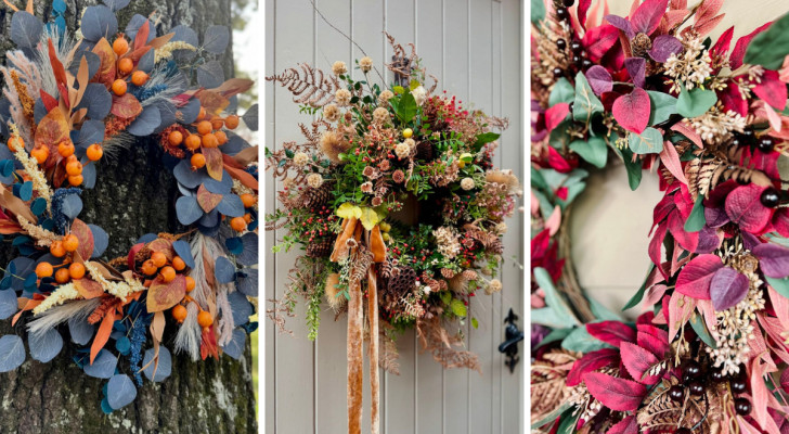 fall wreaths of various colors displayed on front doors