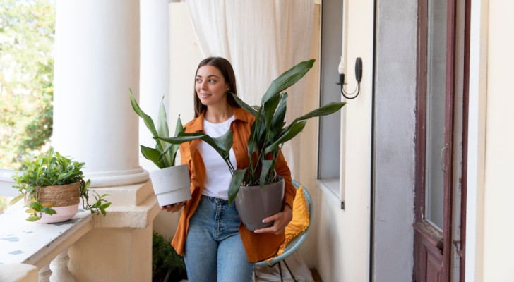 Una donna con dei vasi di piante in mano che cammina verso l'entrata di casa