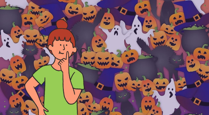 Meisje in cartoonstijl omringd door Halloween-pompoenen, vraagt ​​zich af waar de vleermuis zich verstopt