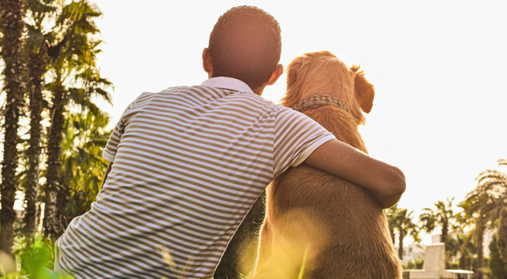 un uomo che abbraccia un cane seduto al suo fianco, inquadrati di spalle