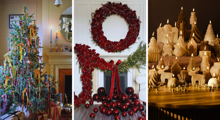 un sapin de Noël décoré avec des nœuds, une cheminée ornée d’une guirlande en velours rouge et une composition de bougies de Noël