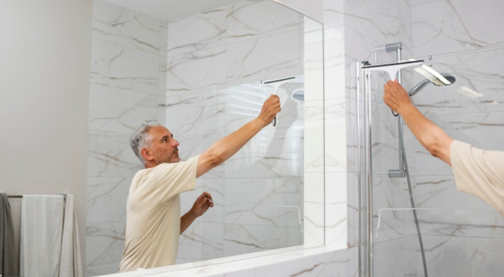 A modern shower cubicle with wet, glass surfaces