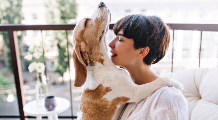 Un cane appoggia le zampe sulle spalle di una donna