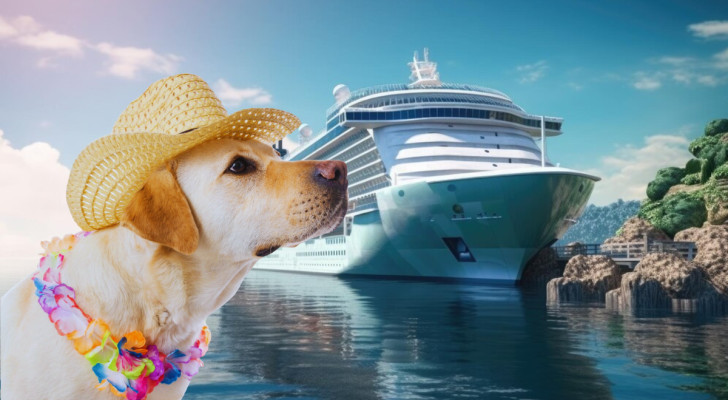 Labrador con cappello di paglia e collana di fiori sovimpresso a uno sfondo con una nave da crociera attraccata in porto turistico