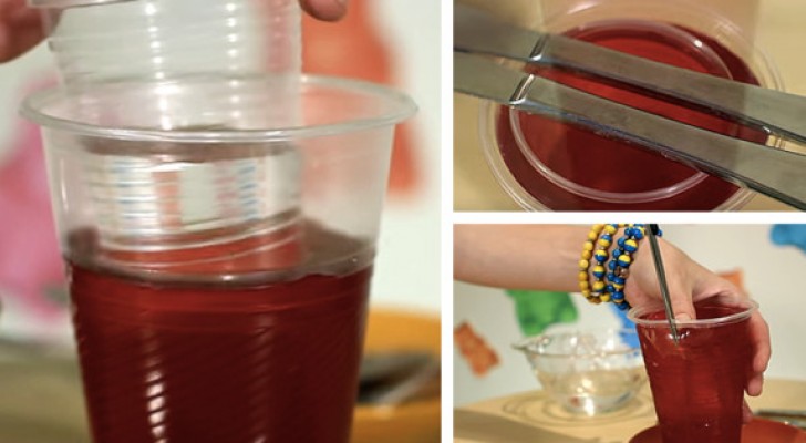With 2 plastic cups and gelatin, she creates the PERFECT glass for any type of party!