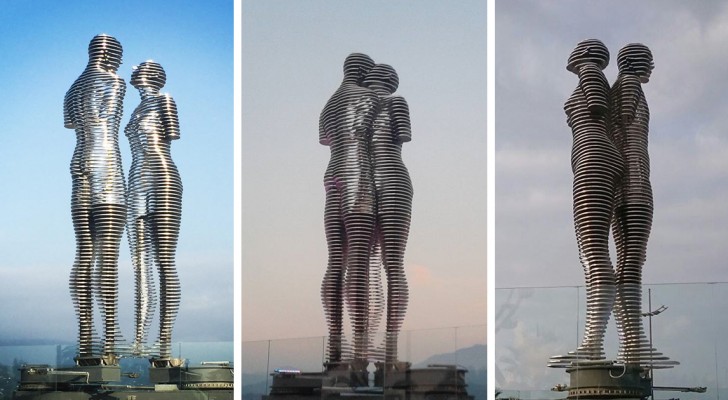 Chaque jour, ces deux statues s'approchent et se croisent, symbolisant une tragique histoire d'amour	