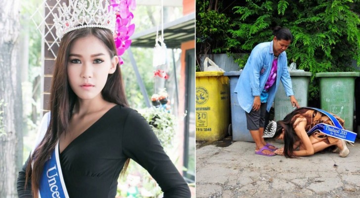 Miss Thailandia ringrazia in ginocchio sua madre, che l'ha cresciuta raccogliendo spazzatura