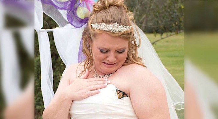 Er landt een vlinder op de jurk van deze bruid, waarna ze in huilen uitbarst: de reden hiervoor is aangrijpend