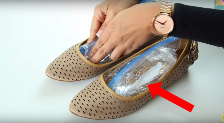 She puts bags of water in her shoes ... Her trick will save them!