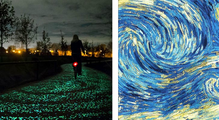 Een lichtgevend fietspad geïnspireerd op motieven van de beroemde schilder Van Gogh