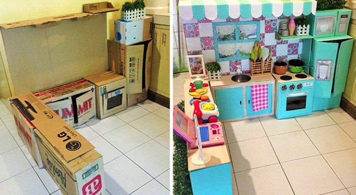 Costruisce una cucina per la figlia usando solo cartoni: risultato magnifico e quasi a costo zero