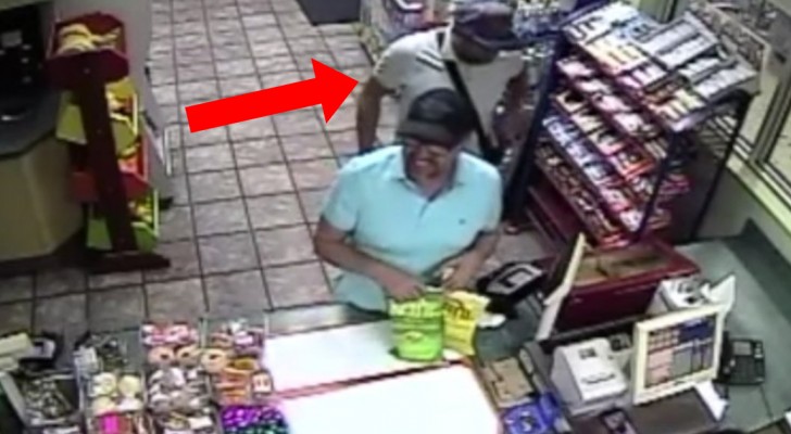 A man is paying the cashier --- but keep an eye on his accomplice . . .