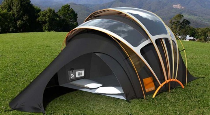 Does camping frighten you? --- Relax! Here's a tent with light, heat, electricity, AND the Internet!