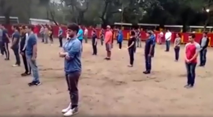 Un groupe de personnes attend immobiles dans l'arène: quand le taureau entre, la réaction est surprenante