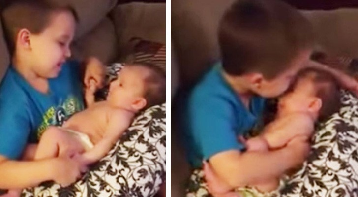He embraces his newborn sister --- what follows is indescribably sweet! 
