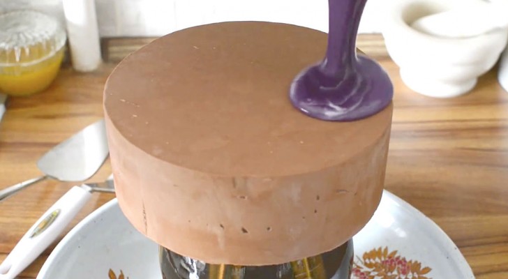 Pour purple icing over a cake --- Wow! It shines like a mirror! 