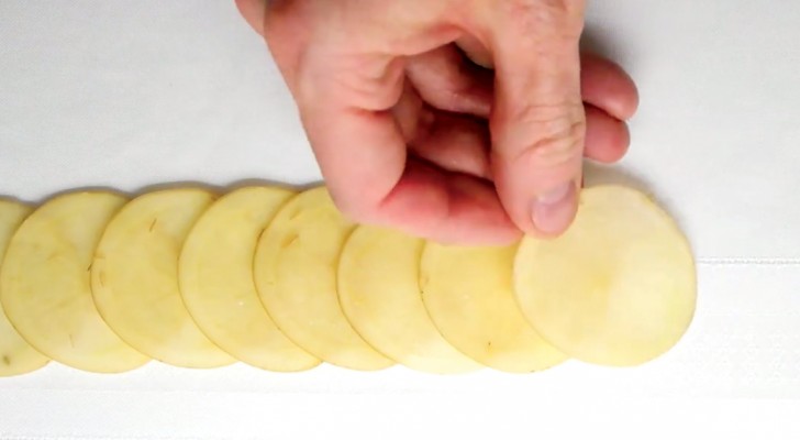 Put thin potato slices on a kitchen table --- the result is delightful to see and eat!