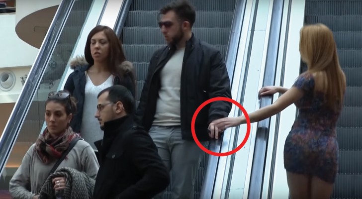 Blatant flirting on an escalator --- see the funny reactions!