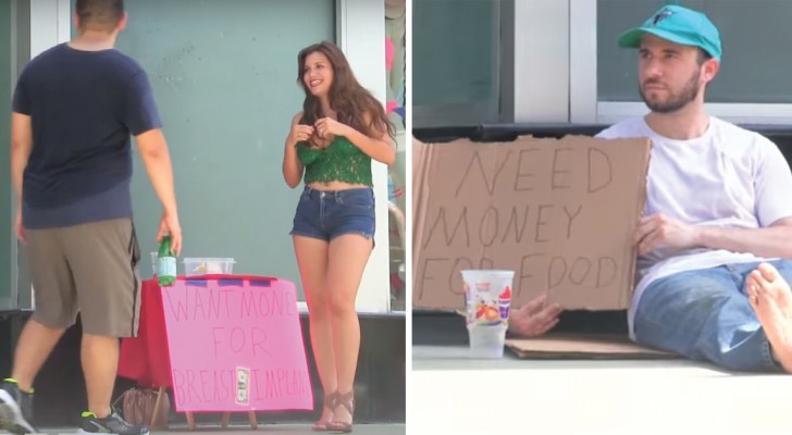 She begs money for breast implants -- he begs money for food --- Reactions? 