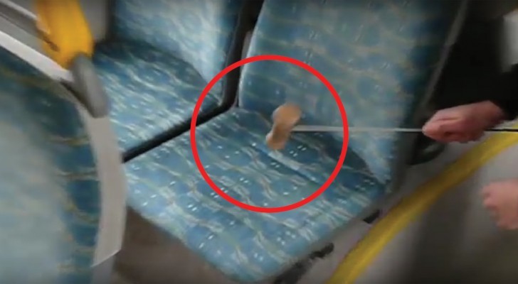 Hij klopt met een hamer op een zitplaats in de bus: wat er naar buiten komt is... ZORGWEKKEND!